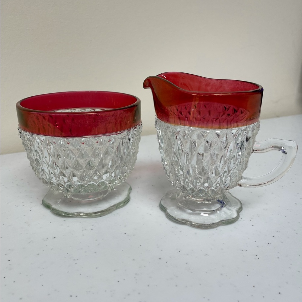 Indiana Glass Cranberry Ruby Red Flash Clear Diamond Point Sugar Bowl Creamer